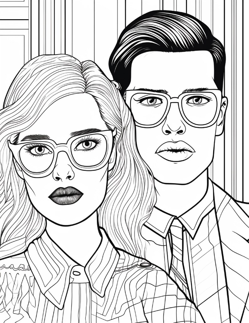 Op de afbeelding: Een zwart-wit lijntekening met twee personen die een bril dragen. De persoon aan de linkerkant heeft golvend haar en een overhemd met kraag, terwijl de persoon aan de rechterkant kort haar, een overhemd met kraag en een stropdas draagt.