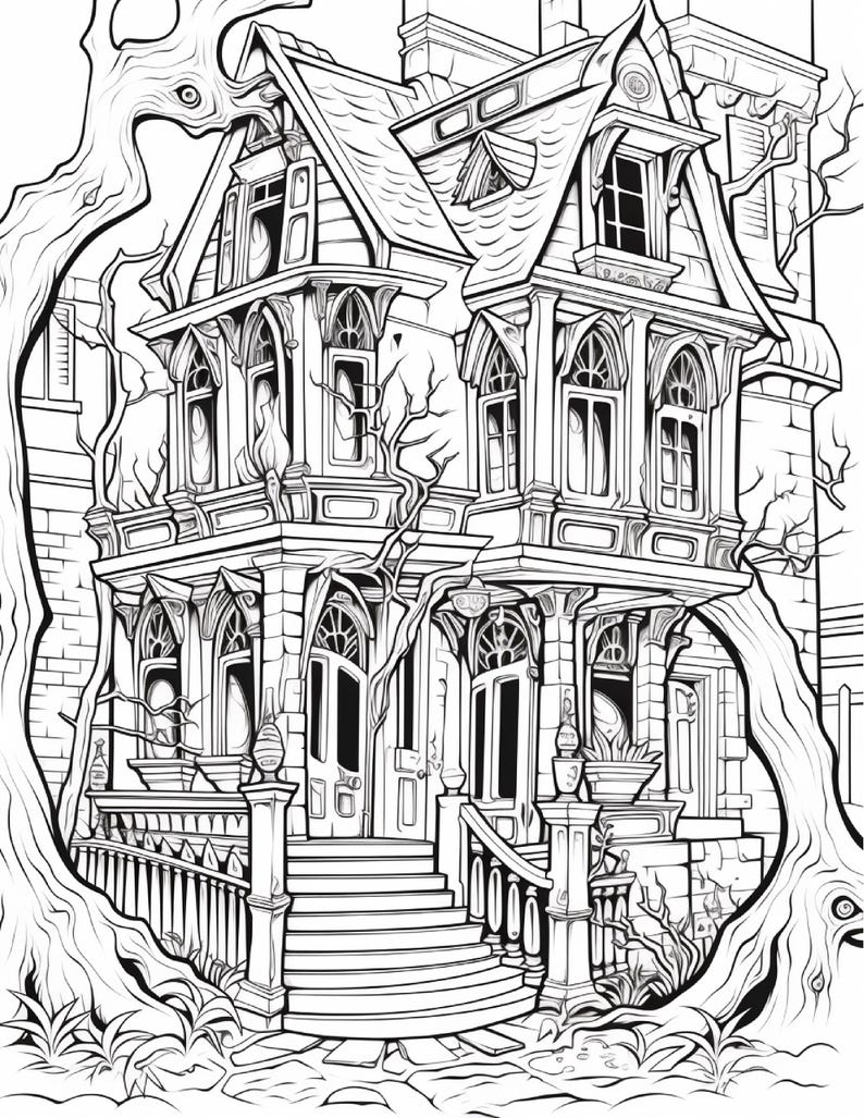 May include: A black and white line art illustration of a multi-story Victorian house with intricate architectural details, arched windows, a wrap-around porch, and a staircase leading to the front entrance, framed by large, gnarled tree branches.