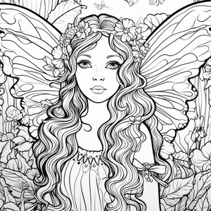 May include: A black and white line art coloring page featuring a central figure with long wavy hair, a floral crown, and large butterfly wings. The figure is surrounded by detailed botanical elements including various flowers and leaves.