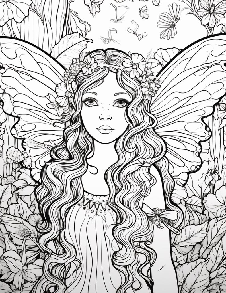 May include: A black and white line art coloring page featuring a central figure with long wavy hair, a floral crown, and large butterfly wings. The figure is surrounded by detailed botanical elements including various flowers and leaves.