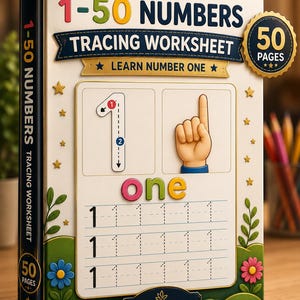 May include: A 1-50 Numbers Tracing Worksheet book with 50 pages. The cover features the number one, a hand showing one finger, the word one, and tracing lines for the number one. The design includes colorful stars, flowers, and the Kids Growth Studio logo.