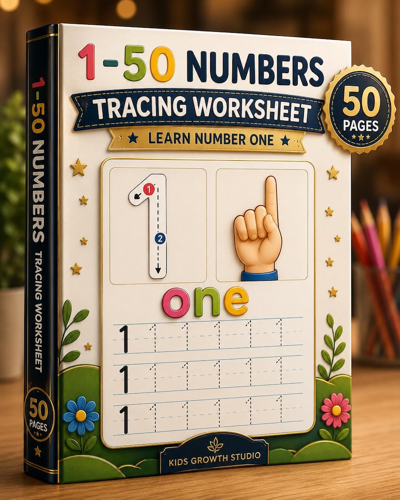 May include: A 1-50 Numbers Tracing Worksheet book with 50 pages. The cover features the number one, a hand showing one finger, the word one, and tracing lines for the number one. The design includes colorful stars, flowers, and the Kids Growth Studio logo.