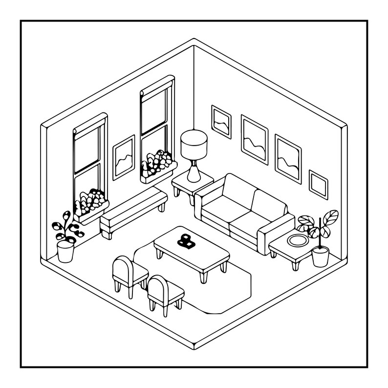 K&ouml;nnte beinhalten: Eine isometrische Schwarz-Wei&szlig;-Strichzeichnung eines Wohnzimmerinterieurs. Der Raum umfasst ein Sofa, zwei St&uuml;hle, einen Couchtisch, einen Beistelltisch mit Lampe, eine Bank, zwei Fenster mit Pflanzen, mehrere gerahmte Wandbilder und zwei Topfpflanzen.