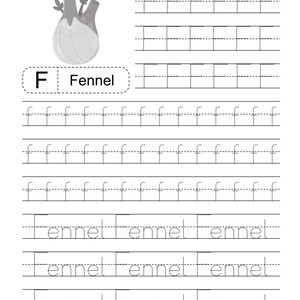 Pode incluir: Uma folha de exerc&iacute;cios educativa em preto e branco para praticar a escrita, com um desenho de linha de um bulbo de funcho. A p&aacute;gina inclui a letra F, a palavra Fennel e v&aacute;rias linhas pontilhadas para tra&ccedil;ar o F mai&uacute;sculo e o f min&uacute;sculo.