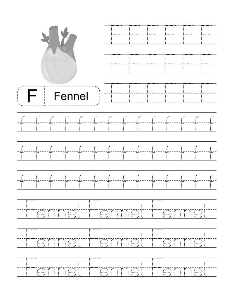 Pode incluir: Uma folha de exerc&iacute;cios educativa em preto e branco para praticar a escrita, com um desenho de linha de um bulbo de funcho. A p&aacute;gina inclui a letra F, a palavra Fennel e v&aacute;rias linhas pontilhadas para tra&ccedil;ar o F mai&uacute;sculo e o f min&uacute;sculo.