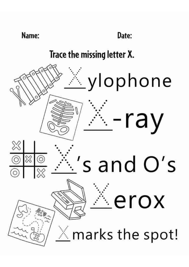 Op de afbeelding: Een zwart-wit educatief werkblad met de titel Trace the missing letter X. Het bevat illustraties van een xylofoon, een r&ouml;ntgenfoto, een boter-kaas-en-eieren spel, een kopieerapparaat en een schatkaart, elk met woorden om de letter X te oefenen.