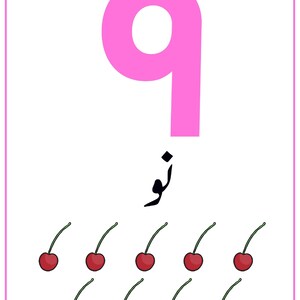 K&ouml;nnte beinhalten: Eine rechteckige Lernkarte mit einer gro&szlig;en rosa Zahl Neun oben, dem arabischen Wort f&uuml;r Neun in schwarzem Text darunter und neun einzelnen roten Kirschen mit gr&uuml;nen Stielen, die in zwei Reihen am unteren Rand der Karte angeordnet sind.