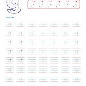 以下が含まれることがあります： 小文字の「g」の書き方を学ぶための白い学習ワークシート。番号付きの方向矢印が付いた大きな青い「g」、点線で描かれた「g」の例が6つ並ぶ水平ボックス、そして文字を練習するためのグリッドで構成されています。