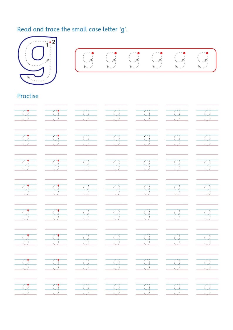 以下が含まれることがあります： 小文字の「g」の書き方を学ぶための白い学習ワークシート。番号付きの方向矢印が付いた大きな青い「g」、点線で描かれた「g」の例が6つ並ぶ水平ボックス、そして文字を練習するためのグリッドで構成されています。