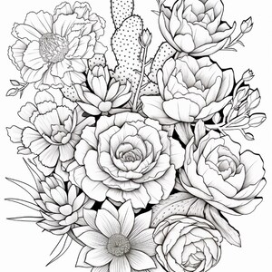 Pode incluir: Uma ilustra&ccedil;&atilde;o de arte linear em preto e branco apresentando um arranjo denso de v&aacute;rias flores desabrochando e um cacto central. O desenho exibe p&eacute;talas detalhadas, estruturas florais em camadas e palmas de cacto texturizadas.