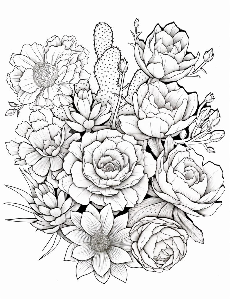 Pode incluir: Uma ilustra&ccedil;&atilde;o de arte linear em preto e branco apresentando um arranjo denso de v&aacute;rias flores desabrochando e um cacto central. O desenho exibe p&eacute;talas detalhadas, estruturas florais em camadas e palmas de cacto texturizadas.