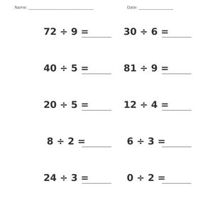 May include: A white educational worksheet titled Division &bull; Single Digit with blank lines for Name and Date. It features ten math problems including 72 &divide; 9, 30 &divide; 6, 40 &divide; 5, 81 &divide; 9, 20 &divide; 5, 12 &divide; 4, 8 &divide; 2, 6 &divide; 3, 24 &divide; 3, and 0 &divide; 2, with Page 9 of 100 at the bottom.