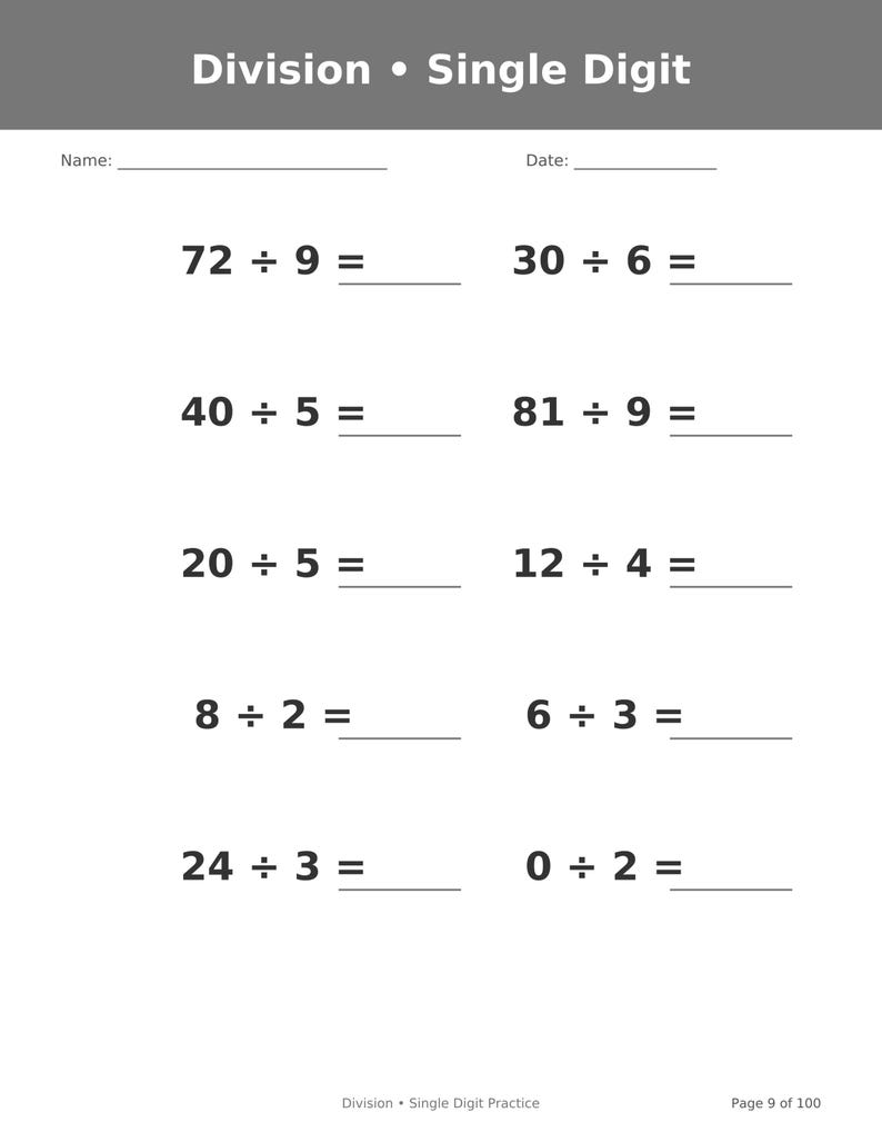 May include: A white educational worksheet titled Division &bull; Single Digit with blank lines for Name and Date. It features ten math problems including 72 &divide; 9, 30 &divide; 6, 40 &divide; 5, 81 &divide; 9, 20 &divide; 5, 12 &divide; 4, 8 &divide; 2, 6 &divide; 3, 24 &divide; 3, and 0 &divide; 2, with Page 9 of 100 at the bottom.