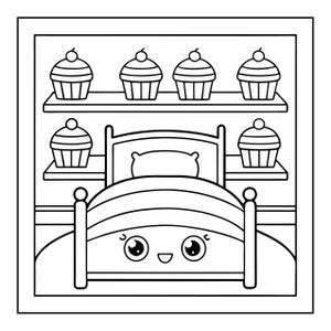 K&ouml;nnte beinhalten: Eine schwarz-wei&szlig;e Strichzeichnung eines Bettes mit einem l&auml;chelnden Gesicht, gro&szlig;en Augen und einem Kissen. Hinter dem Bett befinden sich zwei Regale mit sechs Cupcakes, die jeweils mit einer Kirsche verziert sind. Das Bild ist von einem Rahmen umgeben.