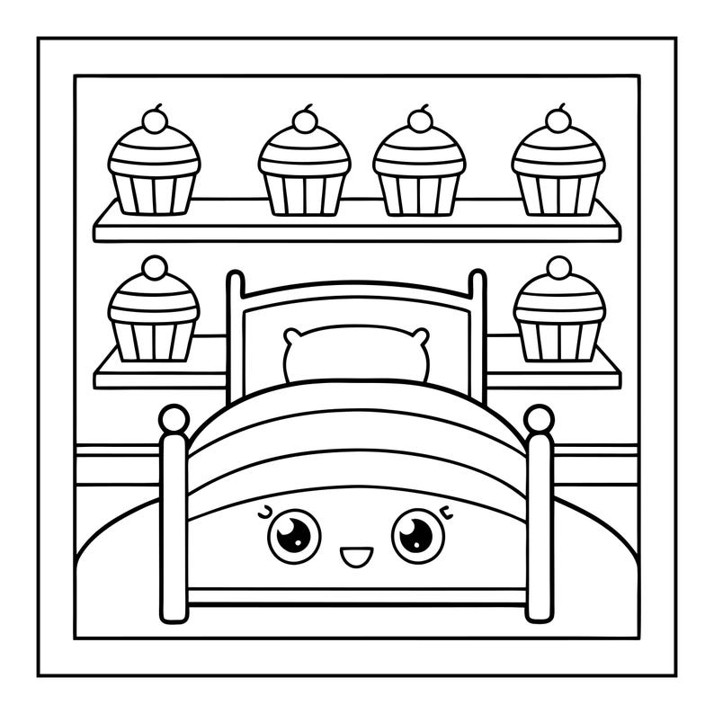 K&ouml;nnte beinhalten: Eine schwarz-wei&szlig;e Strichzeichnung eines Bettes mit einem l&auml;chelnden Gesicht, gro&szlig;en Augen und einem Kissen. Hinter dem Bett befinden sich zwei Regale mit sechs Cupcakes, die jeweils mit einer Kirsche verziert sind. Das Bild ist von einem Rahmen umgeben.