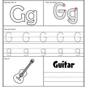 A printable worksheet page for the letter G showing stroke order guides, dashed handwriting practice, an illustration of a guitar, and letter recognition circles.