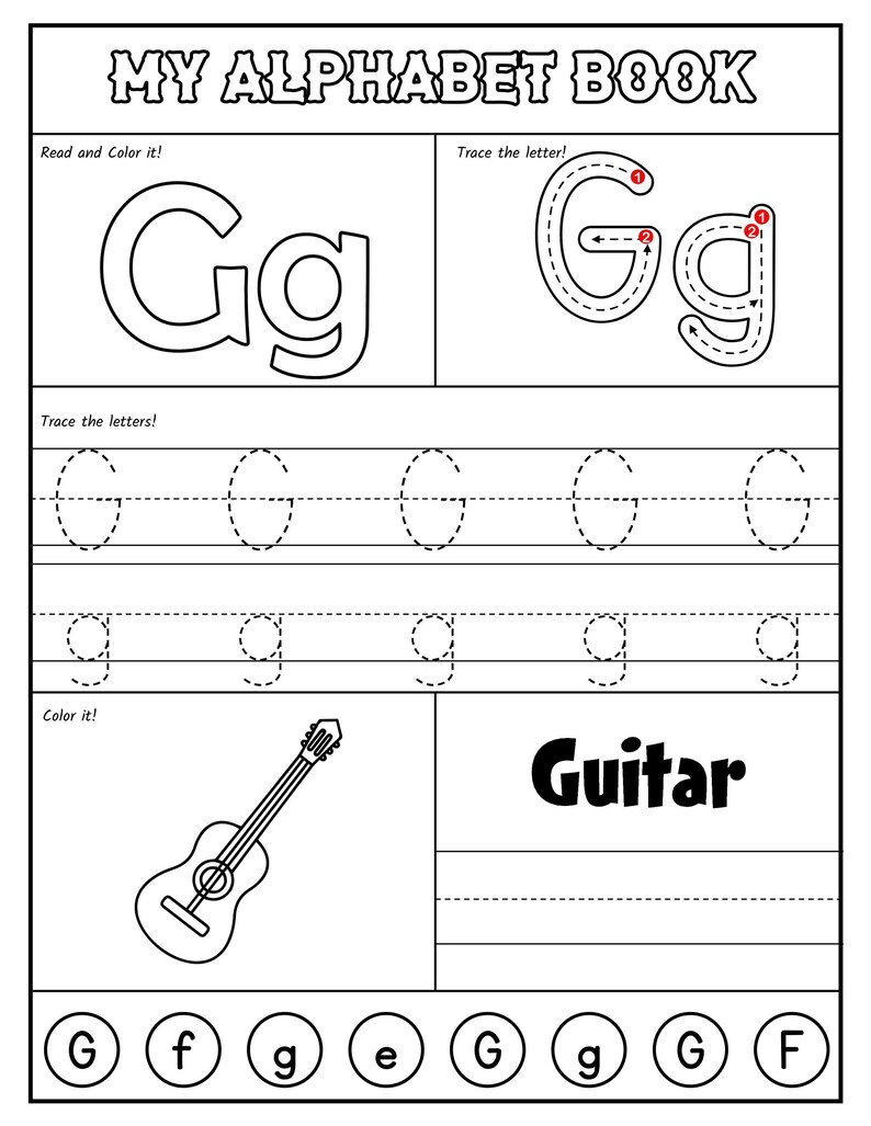 A printable worksheet page for the letter G showing stroke order guides, dashed handwriting practice, an illustration of a guitar, and letter recognition circles.