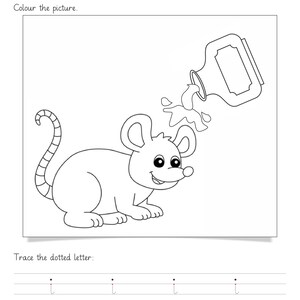 Peut inclure: Une fiche p&eacute;dagogique en noir et blanc intitul&eacute;e Topic: Letter 'i' Worksheet. Elle pr&eacute;sente un dessin au trait d'une souris avec une bouteille versant du liquide sur sa t&ecirc;te, et une section en bas pour tracer la lettre i minuscule en pointill&eacute;s.
