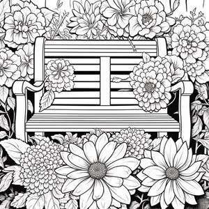 K&ouml;nnte beinhalten: Eine schwarz-wei&szlig;e Strichzeichnung eines h&ouml;lzernen Gartenb&auml;nks vor einem Zaun. Die Bank ist von verschiedenen gro&szlig;en, detaillierten Blumen wie Dahlien und Chrysanthemen umgeben, wobei das Laub den Vordergrund ausf&uuml;llt.