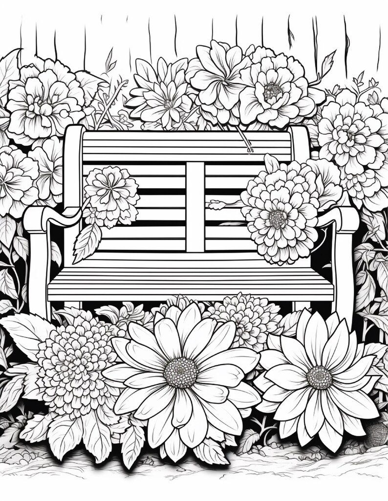 K&ouml;nnte beinhalten: Eine schwarz-wei&szlig;e Strichzeichnung eines h&ouml;lzernen Gartenb&auml;nks vor einem Zaun. Die Bank ist von verschiedenen gro&szlig;en, detaillierten Blumen wie Dahlien und Chrysanthemen umgeben, wobei das Laub den Vordergrund ausf&uuml;llt.