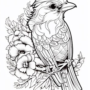 May include: A black and white line art illustration featuring a bird perched on a branch surrounded by flowers and leaves. The bird has detailed feathers and a sharp beak, while the floral arrangement includes several large, open blossoms.