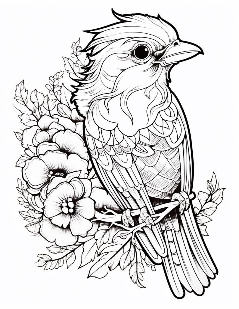 May include: A black and white line art illustration featuring a bird perched on a branch surrounded by flowers and leaves. The bird has detailed feathers and a sharp beak, while the floral arrangement includes several large, open blossoms.