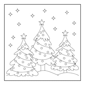 May include: A black and white line art colouring page featuring three Christmas trees decorated with circular ornaments and topped with stars. The trees are positioned on a snowy ground with several four-pointed stars scattered in the sky above.