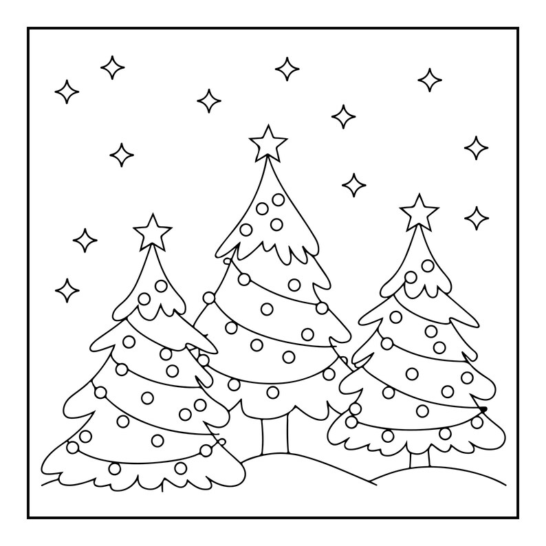 May include: A black and white line art colouring page featuring three Christmas trees decorated with circular ornaments and topped with stars. The trees are positioned on a snowy ground with several four-pointed stars scattered in the sky above.