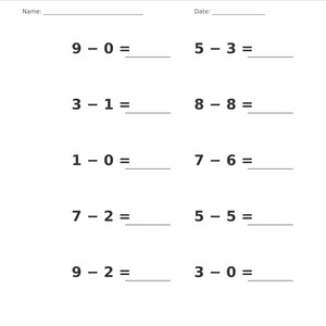 May include: A single-digit subtraction worksheet featuring a gray header with the text Subtraction &bull; Single Digit. The page includes blank lines for Name and Date, followed by ten math problems: 9-0, 5-3, 3-1, 8-8, 1-0, 7-6, 7-2, 5-5, 9-2, and 3-0.