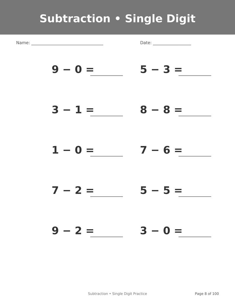 May include: A single-digit subtraction worksheet featuring a gray header with the text Subtraction &bull; Single Digit. The page includes blank lines for Name and Date, followed by ten math problems: 9-0, 5-3, 3-1, 8-8, 1-0, 7-6, 7-2, 5-5, 9-2, and 3-0.