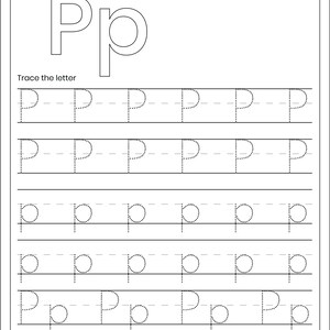 May include: A black and white educational worksheet titled Letter Tracing with a large uppercase and lowercase letter P at the top. The page includes sections for coloring the letter and multiple rows of dotted lines for tracing uppercase P and lowercase p.
