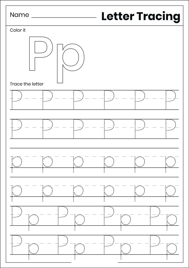 May include: A black and white educational worksheet titled Letter Tracing with a large uppercase and lowercase letter P at the top. The page includes sections for coloring the letter and multiple rows of dotted lines for tracing uppercase P and lowercase p.