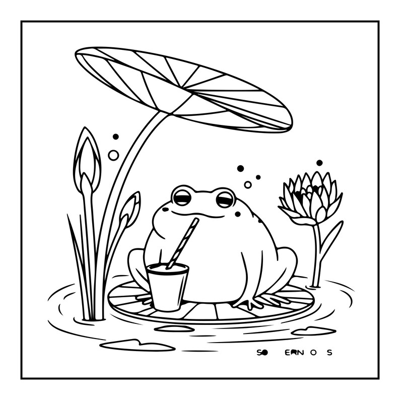 K&ouml;nnte beinhalten: Eine schwarz-wei&szlig;e Strichzeichnung eines Frosches, der auf einem Seerosenblatt unter einem gro&szlig;en Blatt sitzt. Der Frosch h&auml;lt einen Becher mit einem Strohhalm. Links befinden sich zwei geschlossene Bl&uuml;tenknospen und rechts eine bl&uuml;hende Blume.