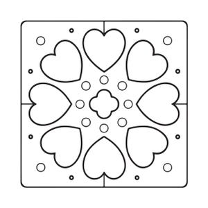 May include: A square black and white line art graphic featuring a symmetrical pattern of four large hearts arranged around a central four-petaled clover shape, accented by small circles in the corners and between the heart motifs.