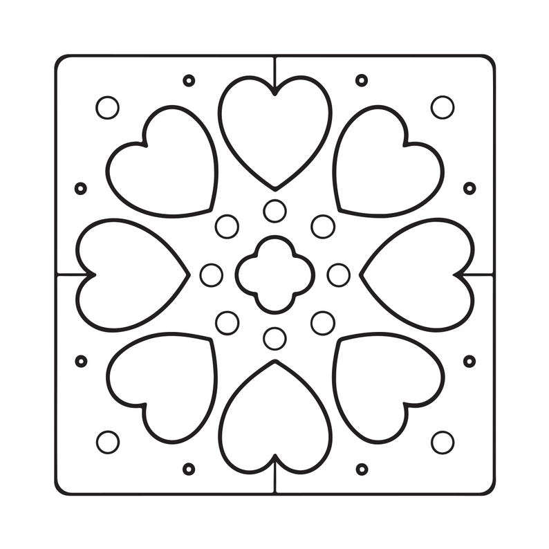 May include: A square black and white line art graphic featuring a symmetrical pattern of four large hearts arranged around a central four-petaled clover shape, accented by small circles in the corners and between the heart motifs.