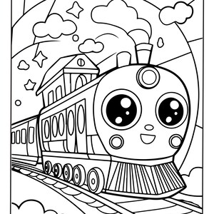 Puede incluir: Una p&aacute;gina para colorear en blanco y negro que muestra una locomotora de vapor de dibujos animados con grandes ojos circulares y una cara sonriente. El tren viaja sobre v&iacute;as bajo un cielo lleno de nubes y estrellas, con humo saliendo.