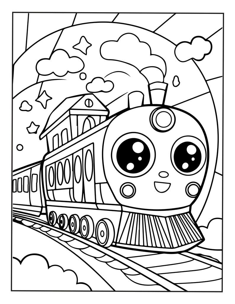Puede incluir: Una p&aacute;gina para colorear en blanco y negro que muestra una locomotora de vapor de dibujos animados con grandes ojos circulares y una cara sonriente. El tren viaja sobre v&iacute;as bajo un cielo lleno de nubes y estrellas, con humo saliendo.