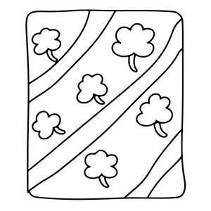May include: A rectangular black and white line drawing featuring a pattern of five scattered shamrock shapes. The design includes two diagonal lines that traverse the rectangle from the top left to the bottom right, creating a segmented background.