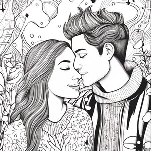 A coloring page of a man and woman with closed eyes, touching foreheads, surrounded by leaves and abstract shapes.