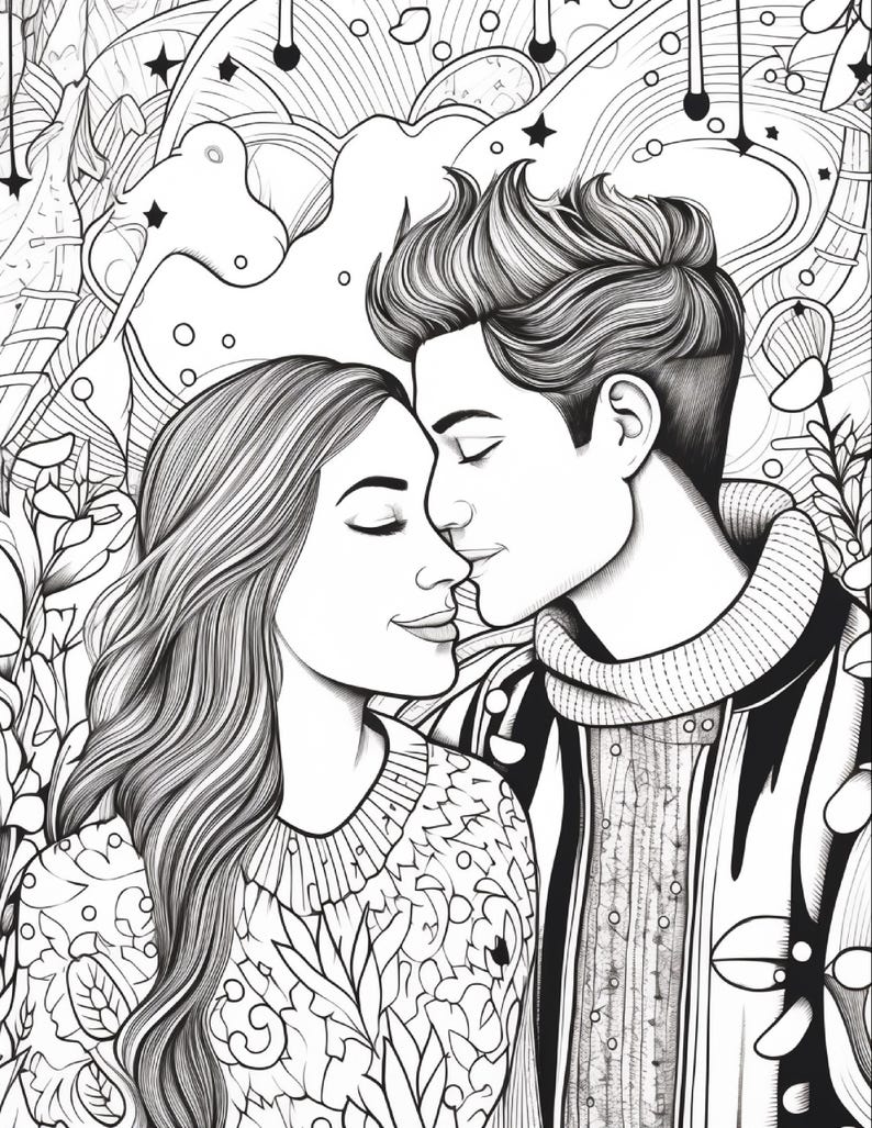 A coloring page of a man and woman with closed eyes, touching foreheads, surrounded by leaves and abstract shapes.