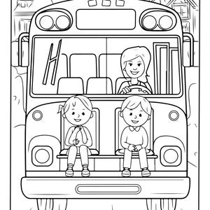 Puede incluir: Una p&aacute;gina para colorear en blanco y negro que muestra un autob&uacute;s escolar con un conductor al volante y dos ni&ntilde;os sentados en los asientos delanteros. El autob&uacute;s tiene faros circulares grandes, un parabrisas y casas al fondo.
