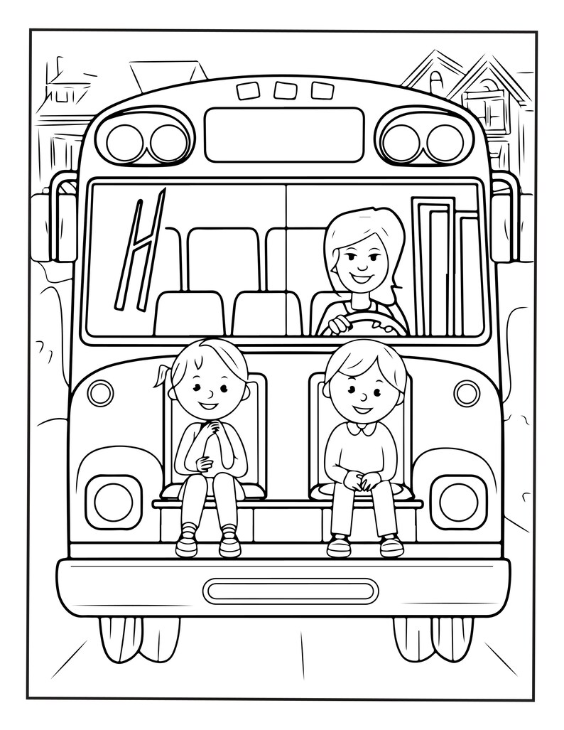 Puede incluir: Una p&aacute;gina para colorear en blanco y negro que muestra un autob&uacute;s escolar con un conductor al volante y dos ni&ntilde;os sentados en los asientos delanteros. El autob&uacute;s tiene faros circulares grandes, un parabrisas y casas al fondo.