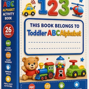 Pode incluir: Um livro de atividades do alfabeto ABC para crian&ccedil;as pequenas com lombada azul e capa creme. A capa apresenta o texto 123, um carro amarelo, um helic&oacute;ptero vermelho e uma caixa com o texto This Book Belongs To, um urso e um trem de brinquedo.