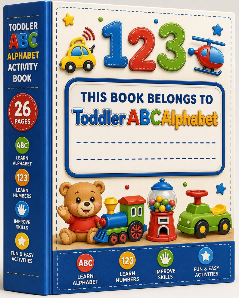 Pode incluir: Um livro de atividades do alfabeto ABC para crian&ccedil;as pequenas com lombada azul e capa creme. A capa apresenta o texto 123, um carro amarelo, um helic&oacute;ptero vermelho e uma caixa com o texto This Book Belongs To, um urso e um trem de brinquedo.