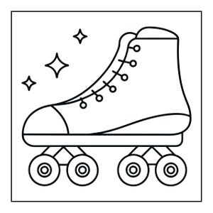 Op de afbeelding: Een zwart-witte lijntekening van een rolschaats met een hoge schoen met veters en vier wielen. Drie vierpuntige stervormen zijn boven de rolschaats geplaatst, wat een decoratief element toevoegt aan het eenvoudige grafische ontwerp.