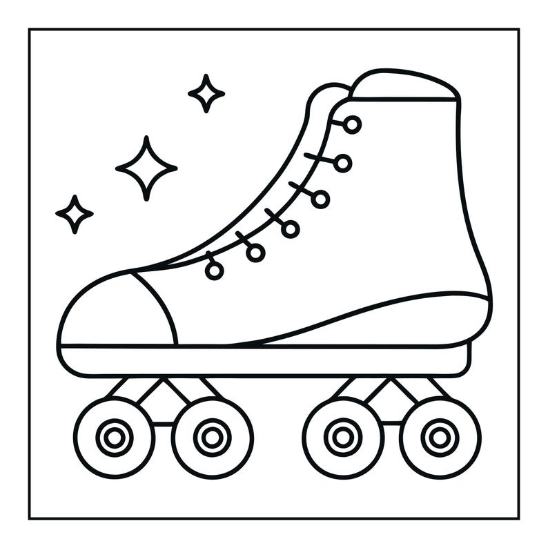 Op de afbeelding: Een zwart-witte lijntekening van een rolschaats met een hoge schoen met veters en vier wielen. Drie vierpuntige stervormen zijn boven de rolschaats geplaatst, wat een decoratief element toevoegt aan het eenvoudige grafische ontwerp.