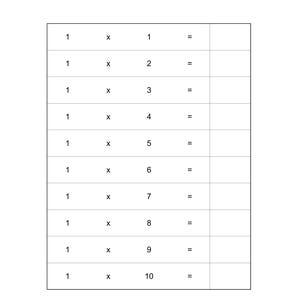 Peut inclure: Une feuille d'exercices &eacute;ducative en noir et blanc intitul&eacute;e Math Tables, pr&eacute;sentant une table de multiplication pour le chiffre un. Le tableau liste les &eacute;quations de 1 x 1 &agrave; 1 x 10, suivies d'un signe &eacute;gal et d'une case vide.