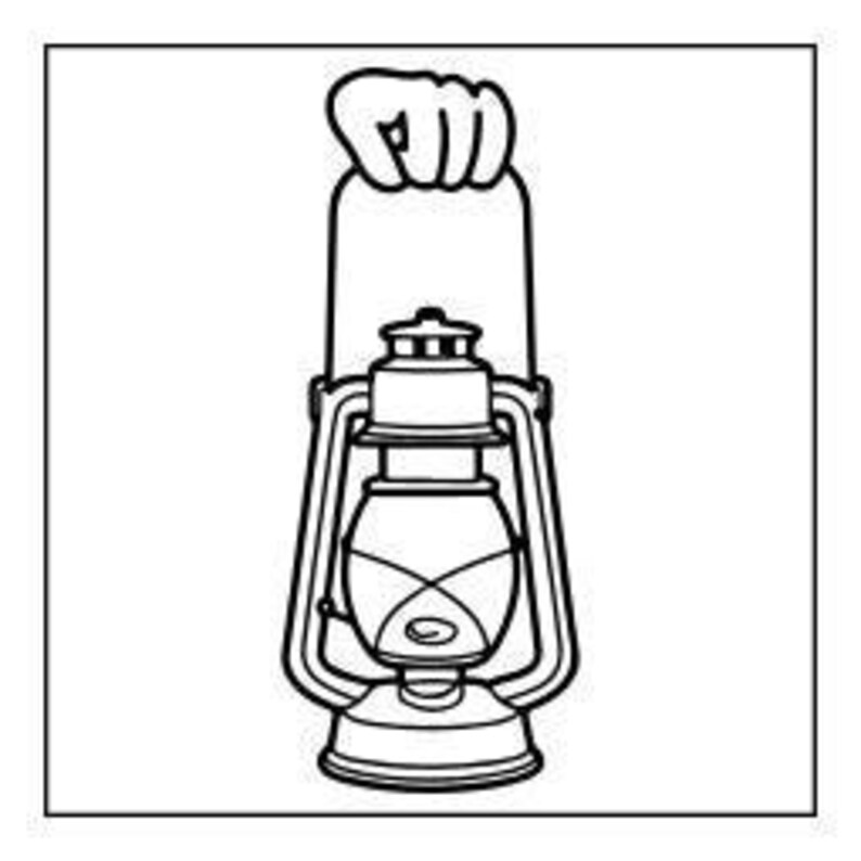 A line drawing of a hand holding a vintage lantern with a handle and glass globe.