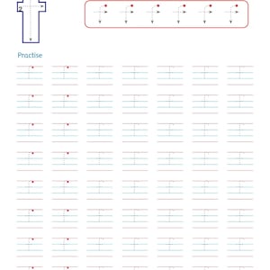 以下が含まれることがあります： 小文字の「f」の筆記練習用ワークシート。ページには、番号付きの方向矢印が付いた大きな「f」、トレースガイド付きの小さな「f」が6つ並んだ行、そして「f」を書く練習をするための10行の練習用ラインが記載されています。