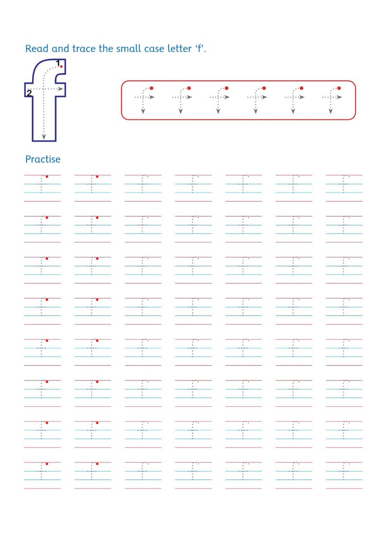 以下が含まれることがあります： 小文字の「f」の筆記練習用ワークシート。ページには、番号付きの方向矢印が付いた大きな「f」、トレースガイド付きの小さな「f」が6つ並んだ行、そして「f」を書く練習をするための10行の練習用ラインが記載されています。
